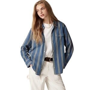 J.Crew Striped Cotton Voile Western Shirt Blue Yellow Snap Button NWT 14